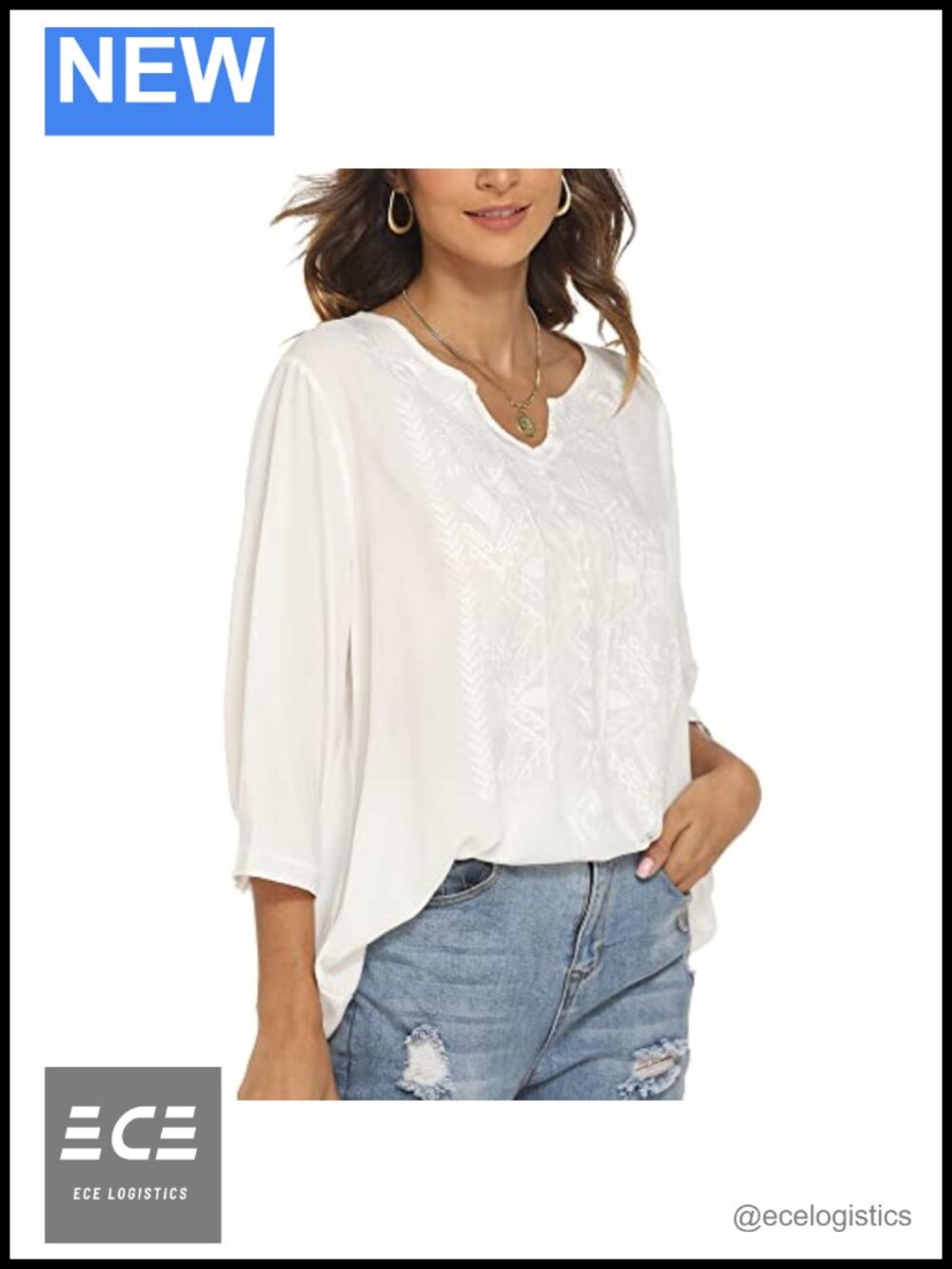 Women's Embroidered Tunic Top 100% Rayon V-Neck Peasant Blouse
